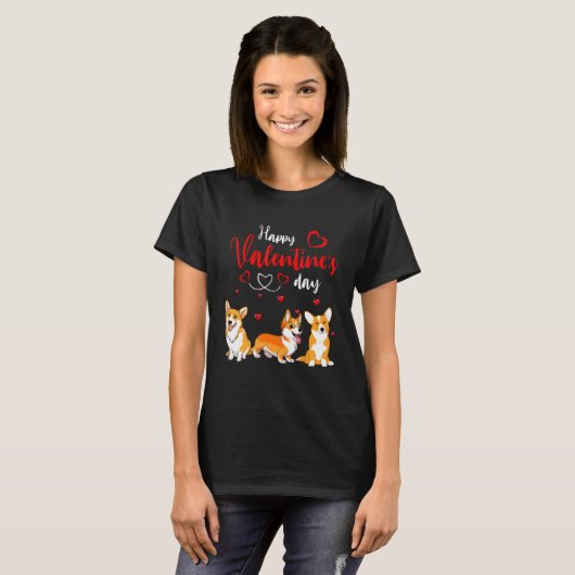 Happy Valentine's Day Three Cute Corgi Dogs Lover Tシャツ (正面フル)