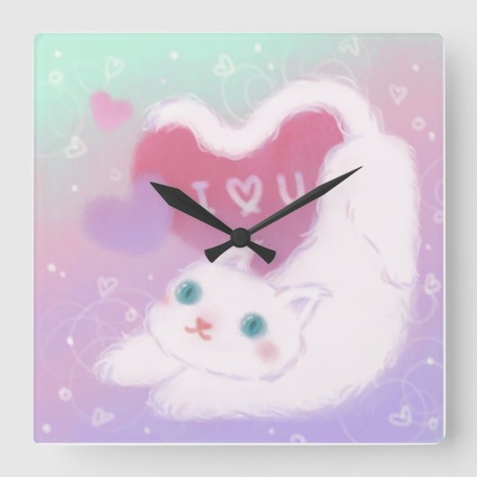 Happy Valentine's Day with Fluffy White Cat スクエア壁時計 (正面)