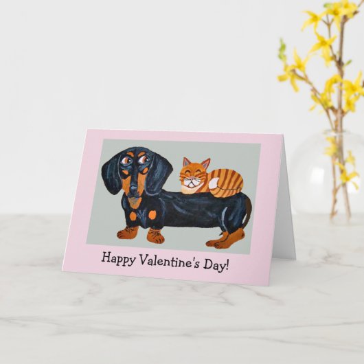 Happy Valentine's Dog & Cat Folded Greeting Card カード (黄色い花)