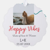 Happy Vibes holiday couple name date wedding red  オーナメントカード (裏面)