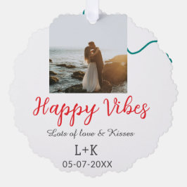 Happy Vibes holiday couple name date wedding red  オーナメントカード