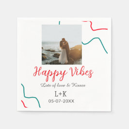 Happy Vibes holiday couple name date wedding red  スタンダードカクテルナプキン