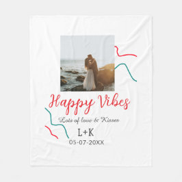 Happy Vibes holiday couple name date wedding red  フリースブランケット