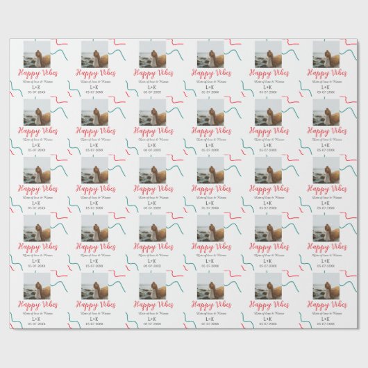 Happy Vibes holiday couple name date wedding red  ラッピングペーパー (フラット)