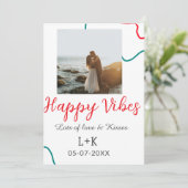 Happy Vibes holiday couple name date wedding red  招待状 (スタンド正面)