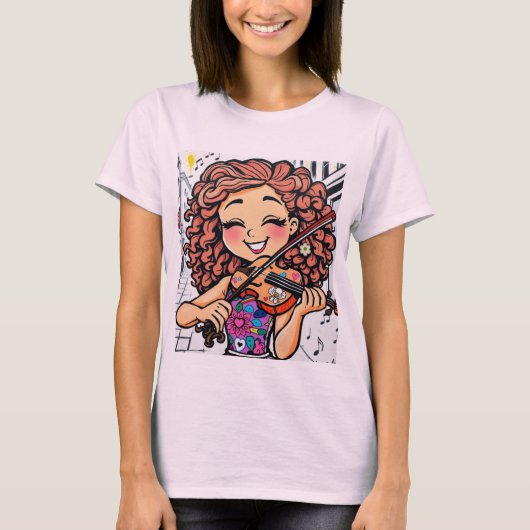 Happy Violin Girl Cartoon for Music Lovers Tシャツ (正面)