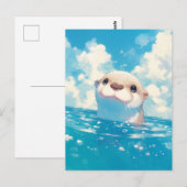 Happy Watercolor Otter Blue Sky ポストカード (正面/裏面)
