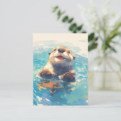 Happy Watercolor Otter Swimming ポストカード (スタンド正面)