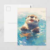 Happy Watercolor Otter Swimming ポストカード (正面/裏面)