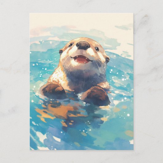 Happy Watercolor Otter Swimming ポストカード (正面)