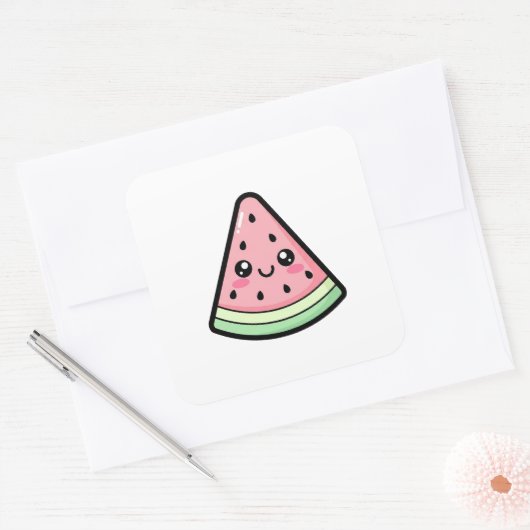 Happy Watermelon – Cute Kawaii Illustration スクエアシール (封筒)