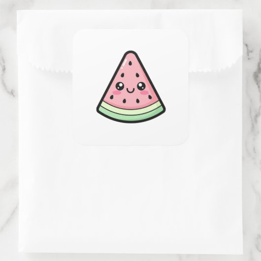 Happy Watermelon – Cute Kawaii Illustration スクエアシール (バッグ)