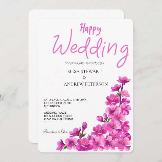 Happy Wedding Romantic Floral Wedding 招待状 (正面/裏面)