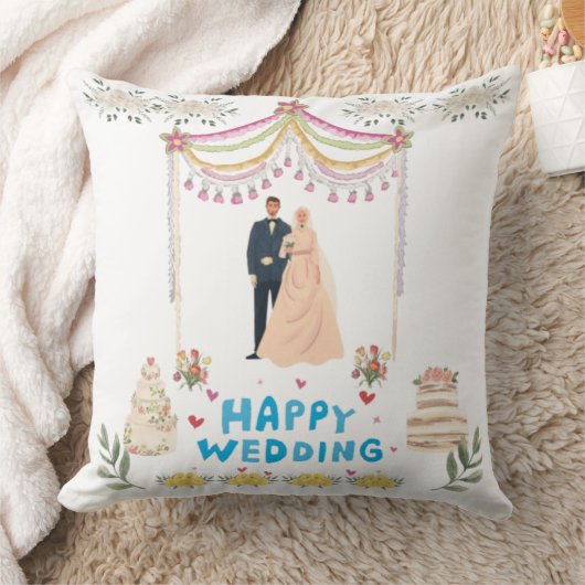 Happy Wedding Throw Pillow – White Background  クッション (ブランケット)