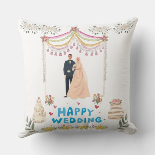 Happy Wedding Throw Pillow – White Background  クッション (裏面)