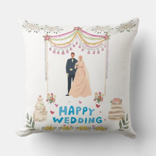 Happy Wedding Throw Pillow – White Background  クッション (正面)