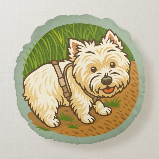 Happy Westie on Nature Trail ラウンドクッション (正面)