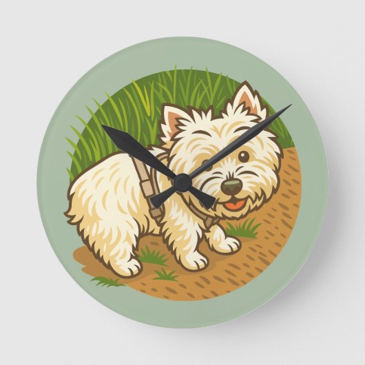 Happy Westie on Nature Trail ラウンド壁時計 (正面)