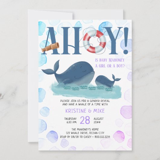 Happy Whale Ahoyそれが女の子または男の子のジェンダーの明け 招待状 (正面)