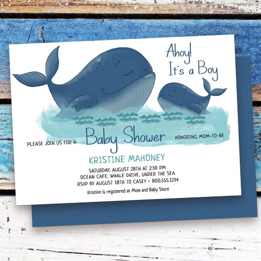 Happy Whale Ahoy男の子の水色ベビーシャワー 招待状