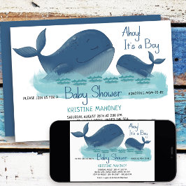 Happy Whale Ahoy 赤ちゃんは男の子!ウォーターカラーベイビーシャワー 招待状