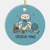 Happy White Cat Knit Blue Yarn Craft Lover Decor セラミックオーナメント (正面)
