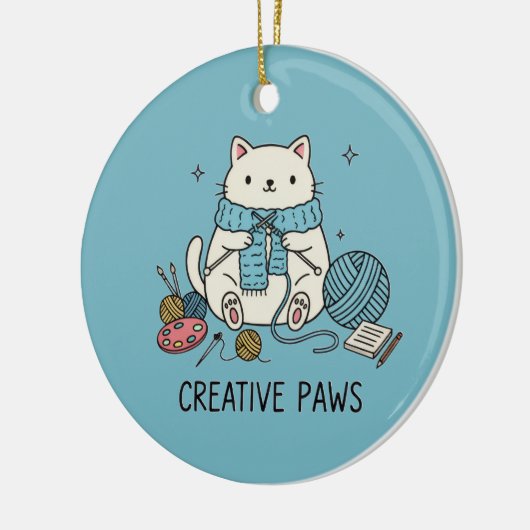 Happy White Cat Knit Blue Yarn Craft Lover Decor セラミックオーナメント (左)