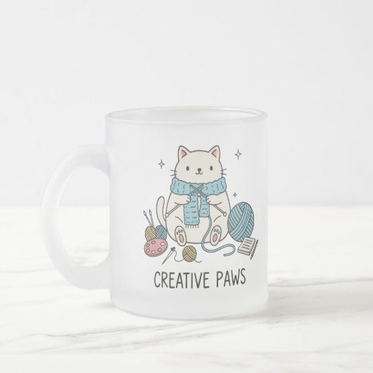 Happy White Cat Knitting Yarn Cute Hobby Drinkware フロストグラスマグカップ (左)