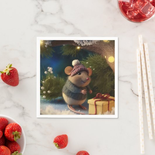 Happy Winter Mouse with a present紙プレート スタンダードカクテルナプキン (インサイチュ)