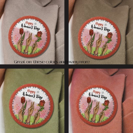 Happy Women's Day Red Button Hands Holding Tulips 缶バッジ