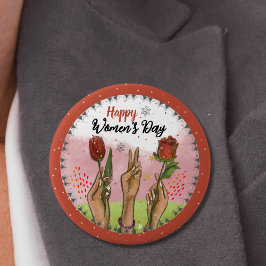 Happy Women's Day Red Button Hands Holding Tulips 缶バッジ
