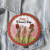 Happy Women's Day Red Button Hands Holding Tulips 缶バッジ