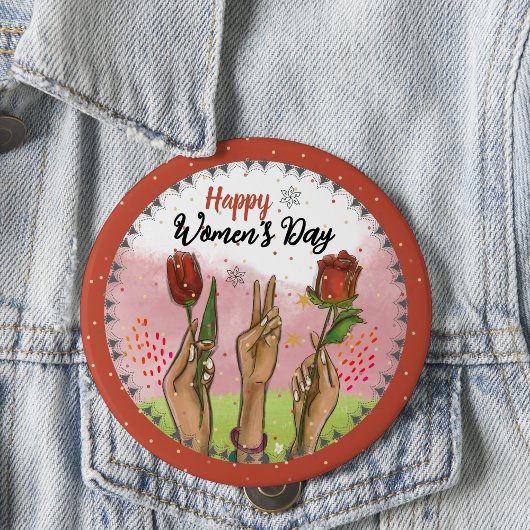 Happy Women's Day Red Button Hands Holding Tulips 缶バッジ