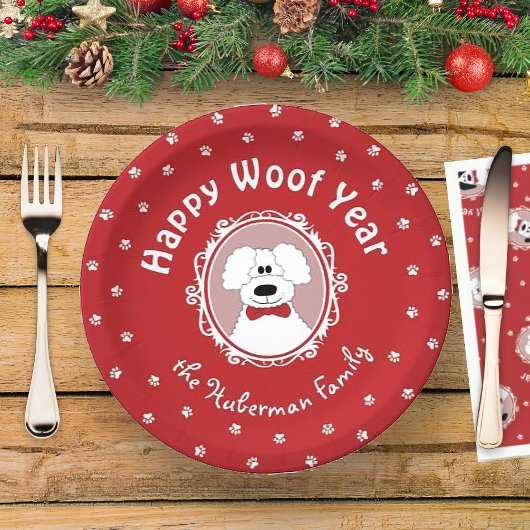 Happy Woof Yearボウタイのプードル ペーパープレート