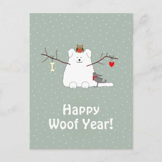 「Happy Woof Year」スノードッグ・クリスマス・ハガキ ポストカード (正面)