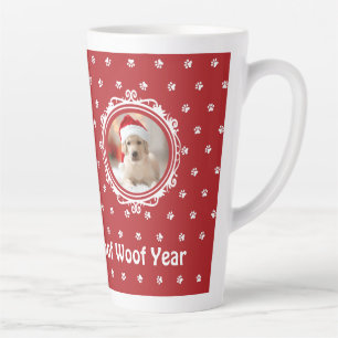 「Happy Woof Year」犬好きクリスマスビッグ カフェラテマグ