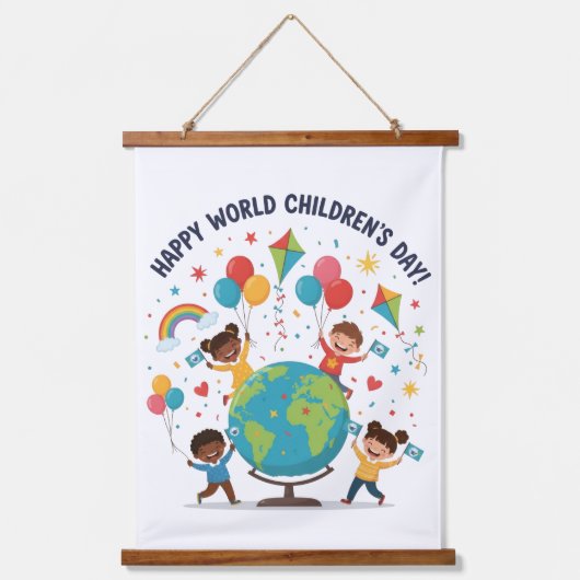 Happy World Children’s Day Wood Topped Wall 吊り下げ型タペストリー (正面)