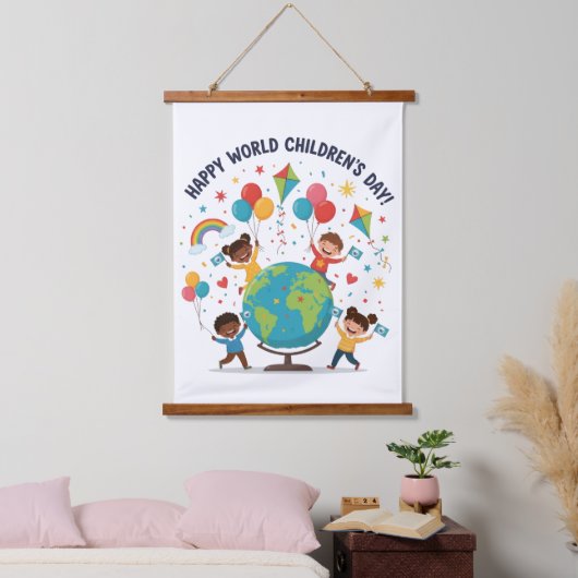 Happy World Children’s Day Wood Topped Wall 吊り下げ型タペストリー (寝室)