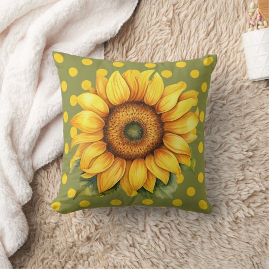 Happy Yellow and Green Sunflower on Polka-Dot クッション (ブランケット)