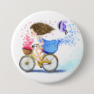 Happy Young Girl On A Bike – ロマンチックな恋のハート 缶バッジ