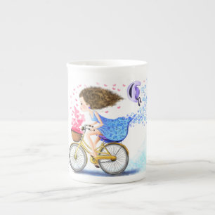 Happy Young Girl with Bike Mug ボーンチャイナマグカップ