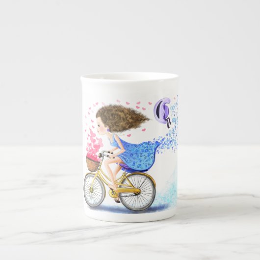 Happy Young Girl with Bike Mug ボーンチャイナマグカップ (正面)