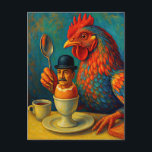 Hard-Boiled Human - Fowl Play at Breakfast ポストカード<br><div class="desc">Hard-Boiled Human - Fowl Play at Breakfast. A surreal, witty twist on the breakfast table where a flamboyant chicken turns the tables on humanity. In a world obsessed with control, this image humorously reminds us that nature quietly sustains, mocks, and ultimately outlasts our attempts at dominance. It’s a bold, colourful...</div>