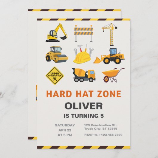 Hard Hat Zone Construction Site Birthday Party 招待状 (正面/裏面)