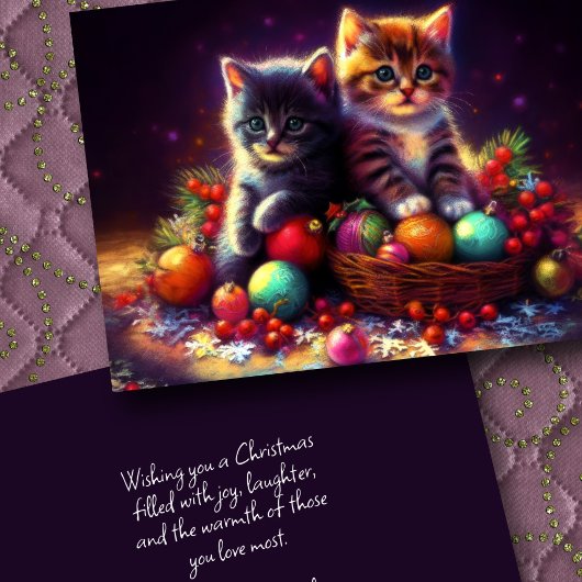 Hard Pastel Drawing Christmas 2 Kittens Ornaments カード