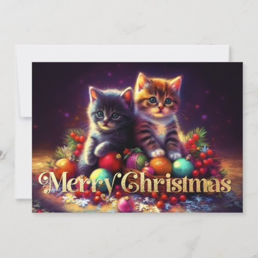 Hard Pastel Drawing Christmas 2 Kittens Ornaments カード (正面)