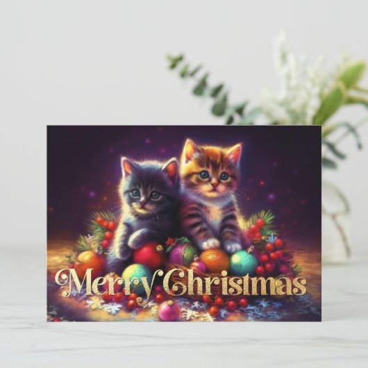 Hard Pastel Drawing Christmas 2 Kittens Ornaments カード (スタンド正面)