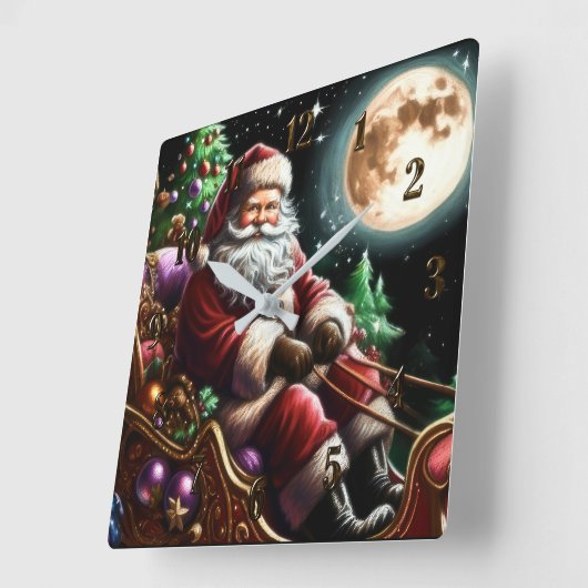 Hard Pastel Drawing Christmas Santa in Sleigh スクエア壁時計 (傾斜)