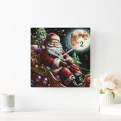 Hard Pastel Drawing Christmas Santa in Sleigh スクエア壁時計 (ホーム)
