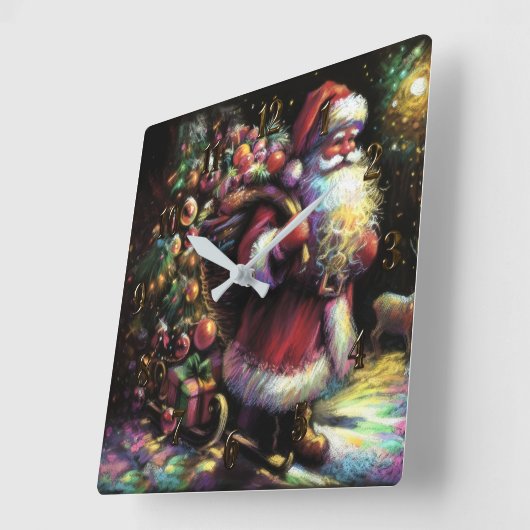 Hard Pastel Drawing Christmas Santa with Gifts スクエア壁時計 (傾斜)
